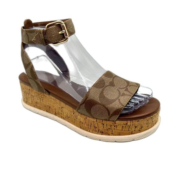 Coach Talulah Brown Signature Print Platform Ankle Strap Sandals Size 6B - Picture 2 of 15